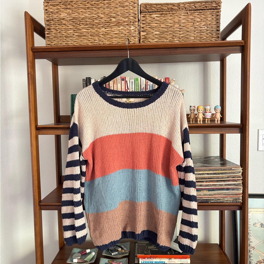 Striped Multi-Color Knit Sweater - Cream, Coral, Blue, Brown